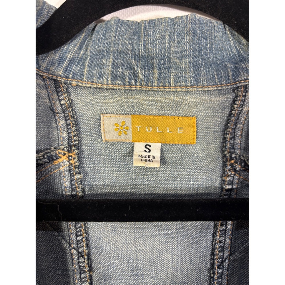 Retro Boho Tulle Denim Stitched Blazer Jacket Womens Small Blue - Picture 4 of 8
